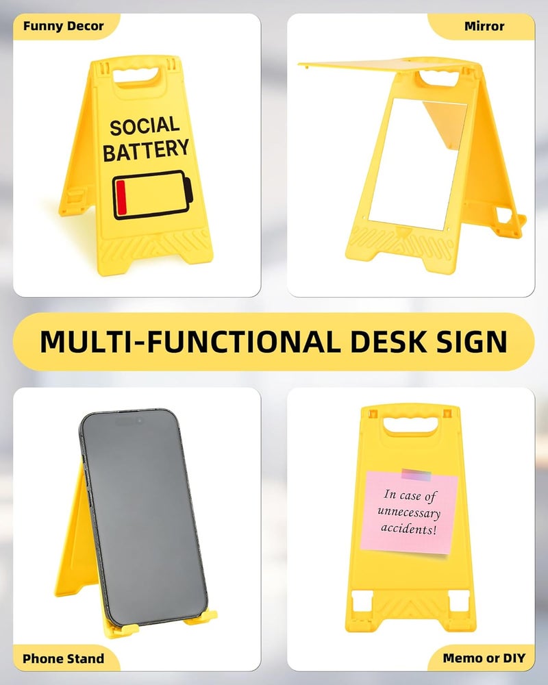 EXUBERIUM No Social Battery Funny Desk Sign Yellow Warning Style Acrylic Table Decor Gift for Coworkers Friends Home Office Workspace Tabletop Cubicle Phone Holder Mirror Stand - Image 3